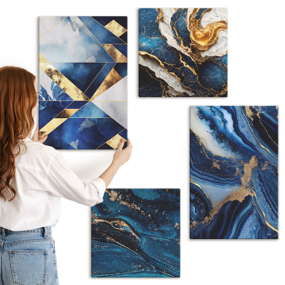 Zestaw 4 obrazów na płótnie - Abstrakcyjne eleganckie wzory - granatowy