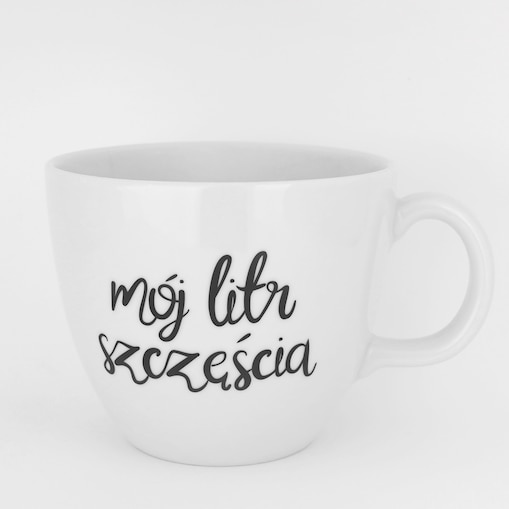 Biały kubek porcelanowy 1 litra - napis mój litr szczęścia na urodziny dla miłośników dużej kawy