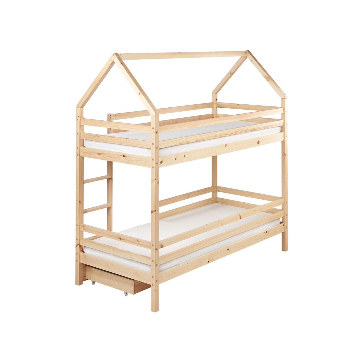 Łóżko piętrowe z szufladami Domek Drewno GIRGOLS 90 x 200 cm ze schowkiem Jasnobrązowy