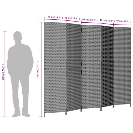 vidaXL Parawan 5-panelowy, czarny, polirattan