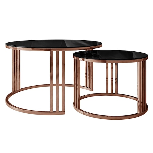 Zestaw stolików kawowych LORI 2w1, miedziana podstawa, czarne szkło