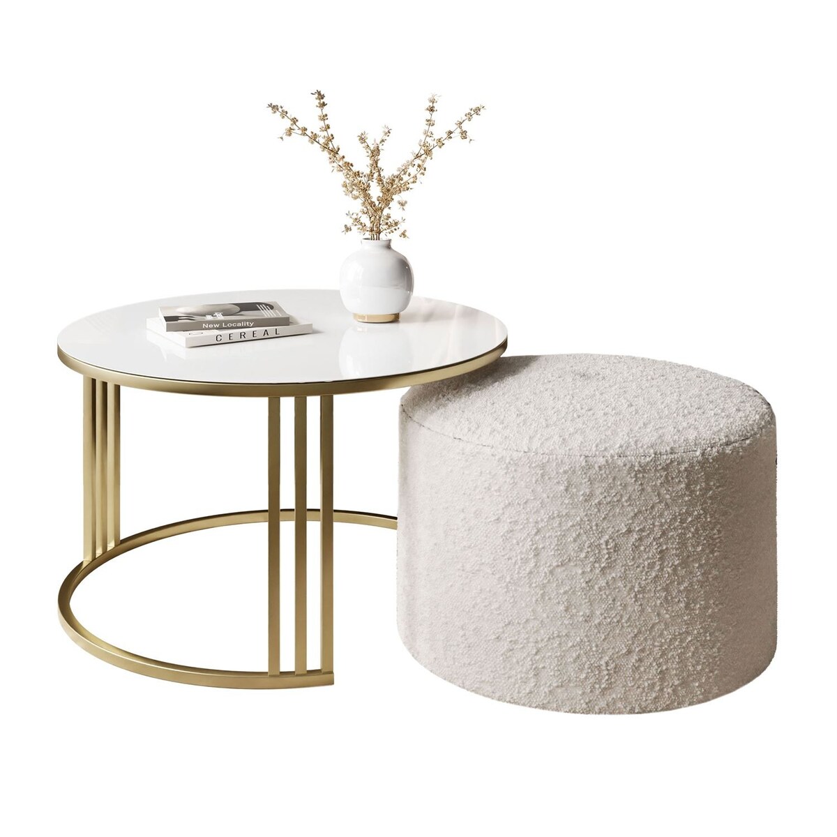 Stolik kawowy z pufą LORI GLASS złoto szczotkowane, białe szkło / Coral 65