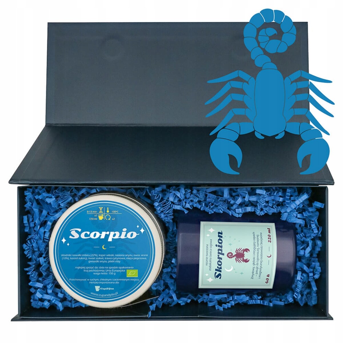 Zestaw prezentowy SKORPION herbata i świeczka zapachowa dla osoby ze znakiem zodiaku skorpiona - prezent upominek dla kobiety faceta mamy taty babci dziadka