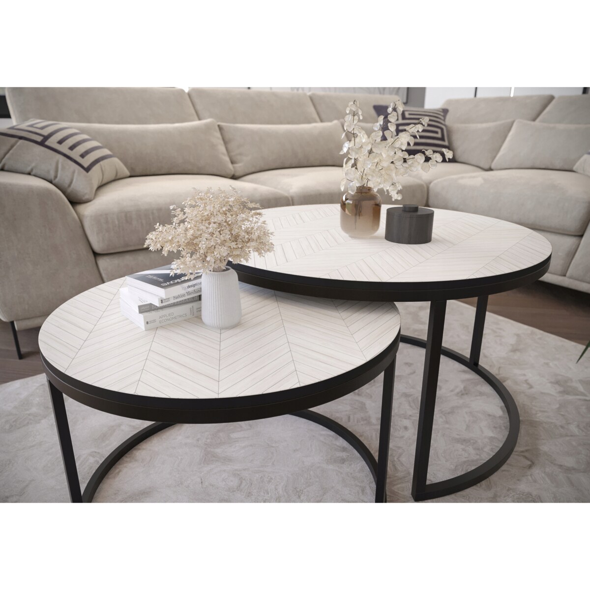 Zestaw 2 Stolików Kawowych Okrągłe LOFTOWE INDUSTRIAL Biały Czarny JODEŁKA