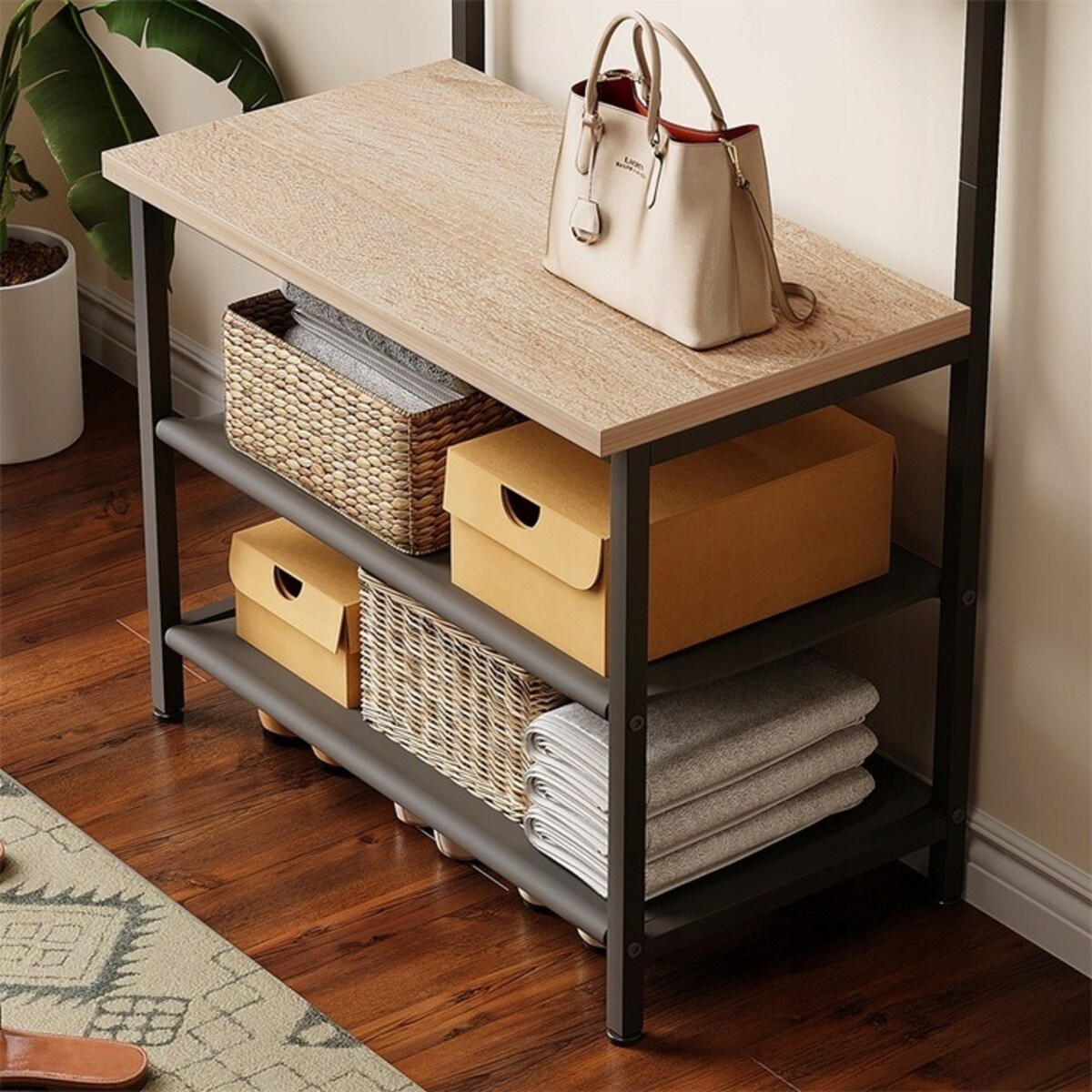 Wieszak na ubrania buty kurtki jasny brąz stojący podłogowy styl loft regał