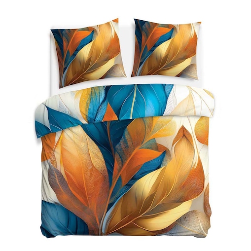 Pościel satyna bawełniana 220x200 Aurelia w złote i niebieskie liście, Satynlove Premium