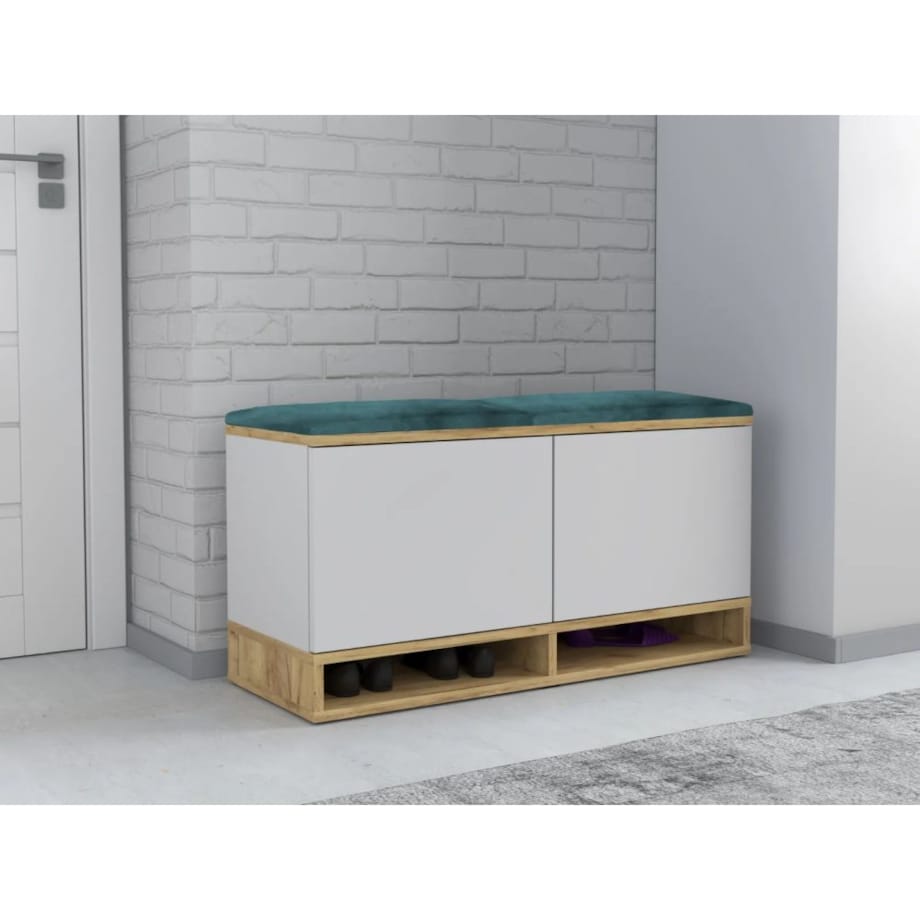 Szafka na buty z siedziskiem DUBAI biała/dąb craft/zielona