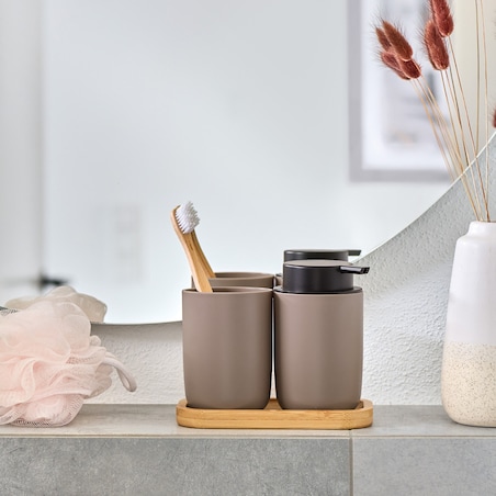 Komplet łazienkowy dozownik 280 ml i kubek z podstawką 13,5x16,5x9 cm ZEFIR brązowy