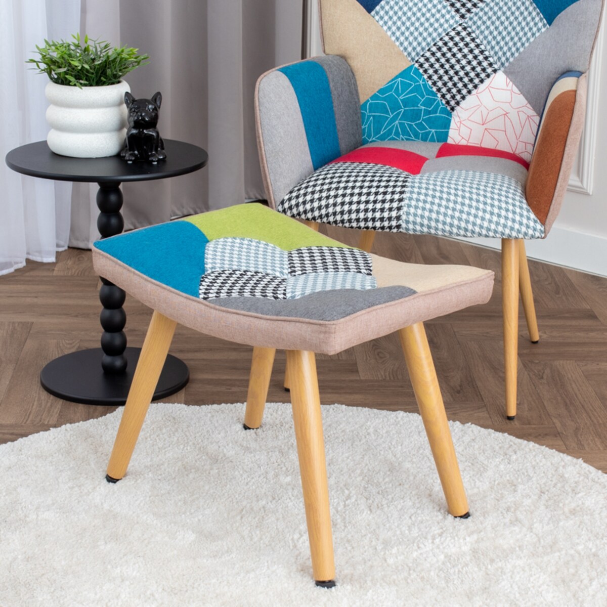 Fotel z podnóżkiem tapicerowanym wypoczynkowy patchwork do salonu wygodny