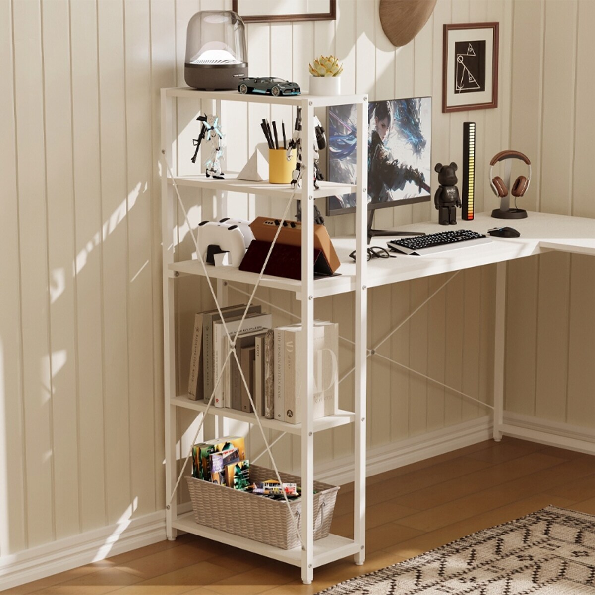 Biurko komputerowe narożne półkami regałem białe industrialne szkolne loft