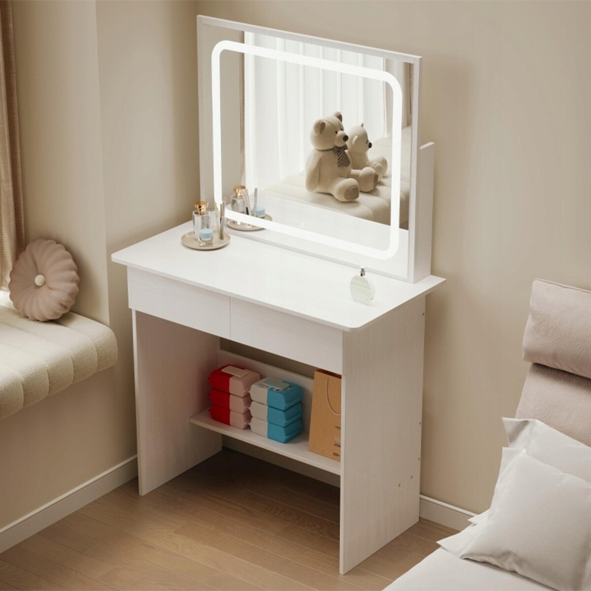 Toaletka kosmetyczna do makijażu z lustrem led nowoczesna 90 cm