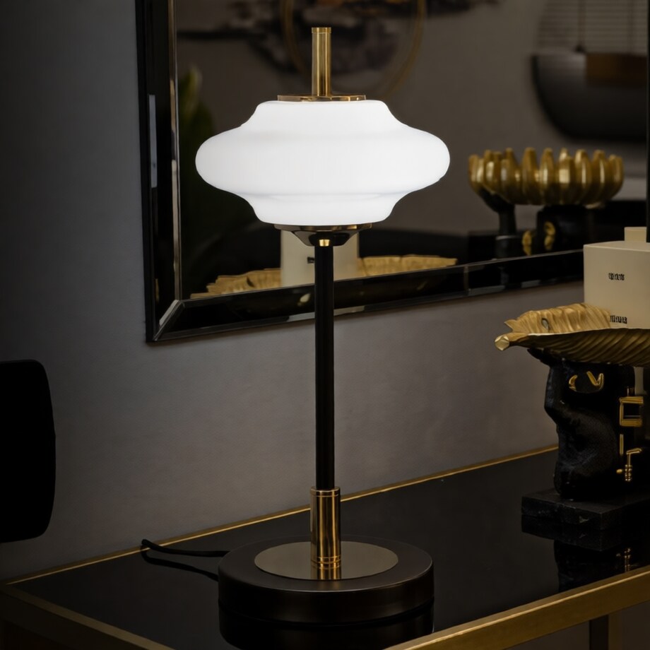 Lampa stołowa Vintage, kolor złoty, czarny i biały, żelazo i szkło, 22 x 22 x 46 cm, 1 x E14, do salonu i sypialni, Mauro Ferretti