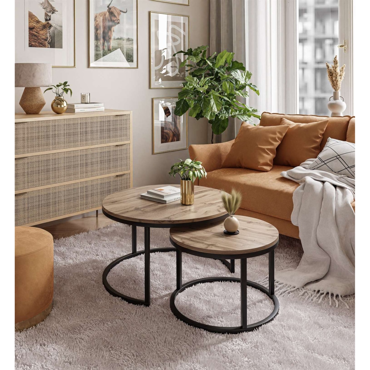 Okrągły stolik kawowy CIRI 2w1 czarny dąb wotan