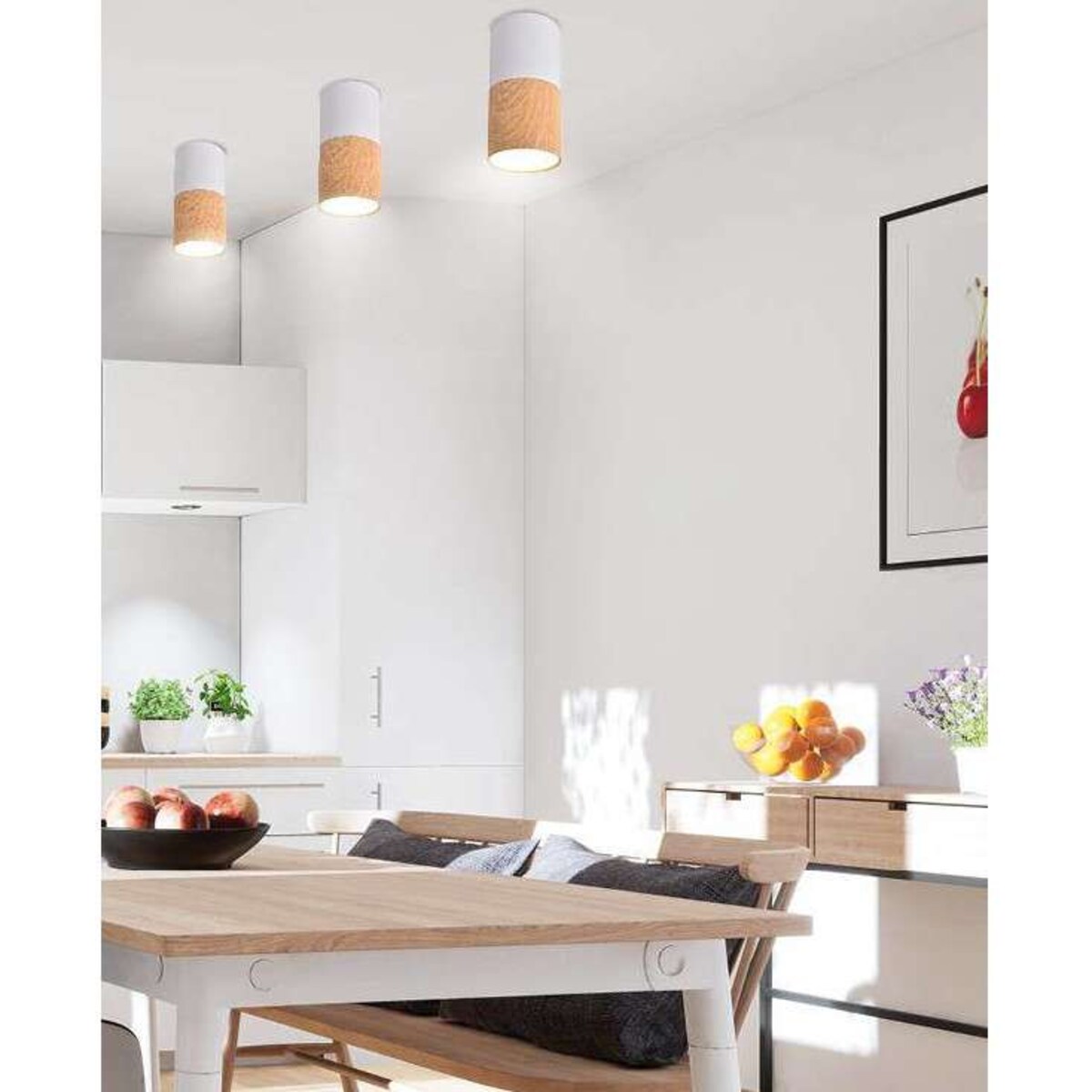 Downlight LAMPA skandynawska 2273655 Candellux metalowa OPRAWA okrągła metalowa tuba sufitowa biała naturalne drewno