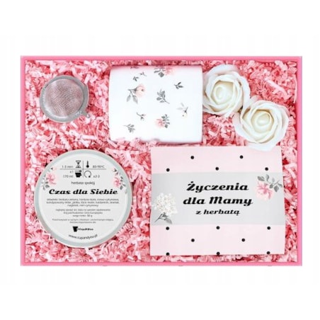 Zestaw prezentowy dla mamy z herbatą "Dziękuję, że jesteś". Box dla Mamy z herbatą, najlepszy pomysł na prezent upominek na Dzień Matki - zaparzacz, kubek, zestaw herbat, mydlane róże