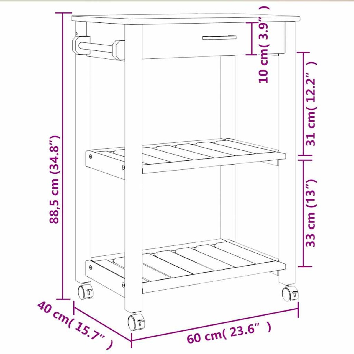 vidaXL Wózek kuchenny MONZA, 60x40x88,5 cm, lite drewno sosnowe