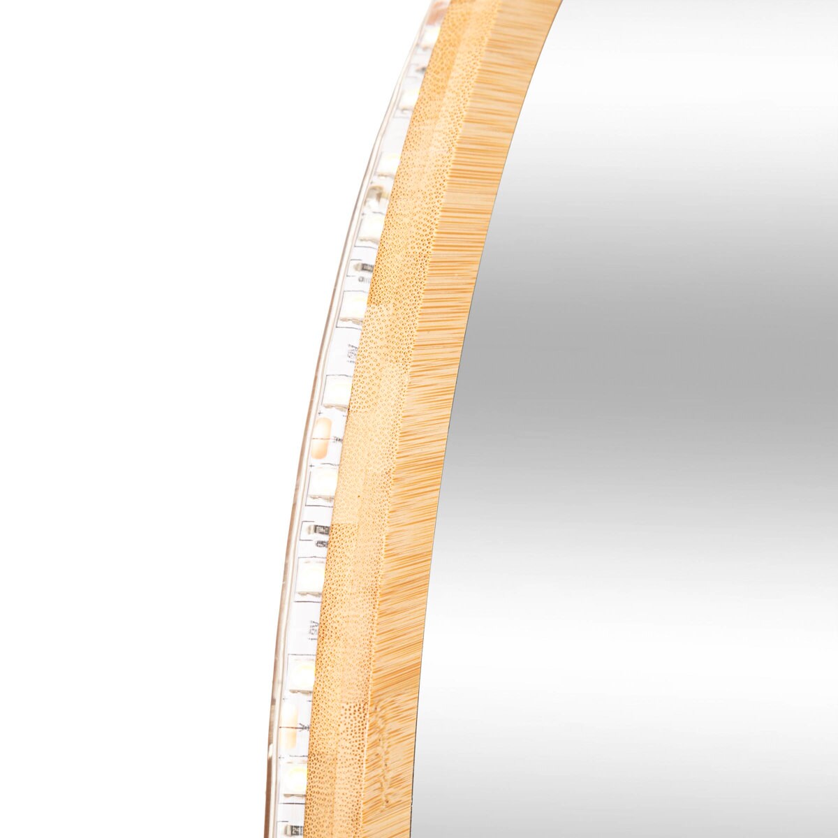 Lustro łazienkowe z oświetleniem LED, bambusowa rama, Ø 57 cm
