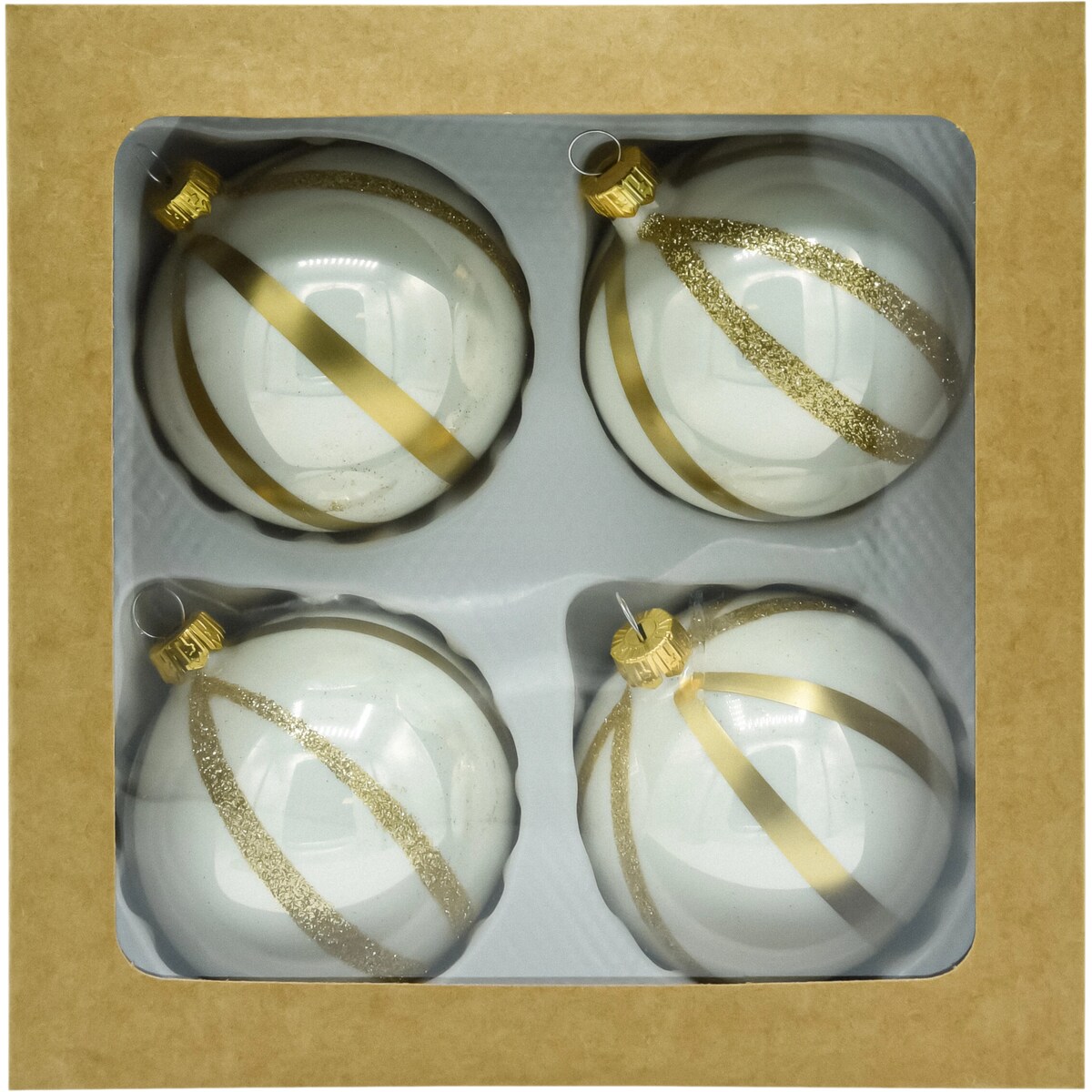 Bombki okrągłe białe ze złotymi paskami