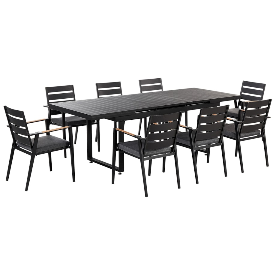 Zestaw ogrodowy stół rozkładany i 8 krzeseł czarny z poduszkami szarymi VALCANETTO/TAVIANO