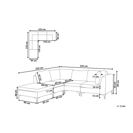 Narożnik modułowy 4-osobowy z otomaną welurowy prawostronny szary EVJA