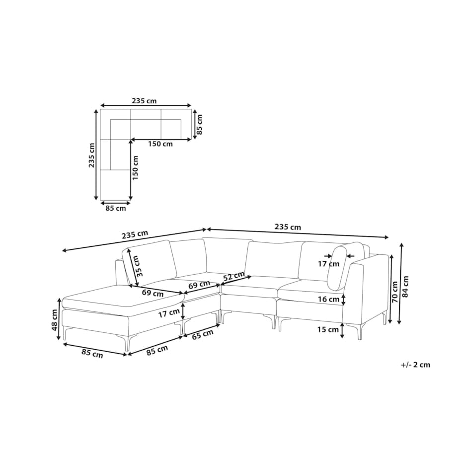 Narożnik modułowy 4-osobowy z otomaną welurowy prawostronny szary EVJA