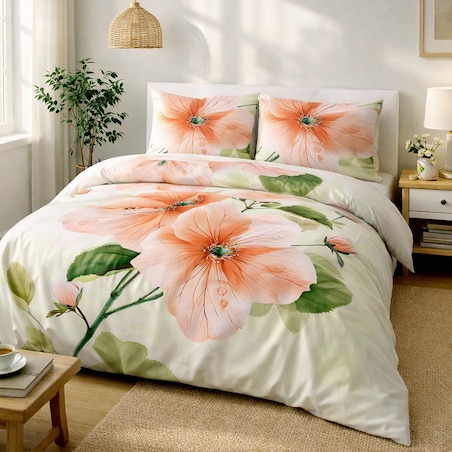 Pościel satyna bawełniana 220x200 Camellia kremowa w pomarańczowe kwiaty, Satynlove Premium