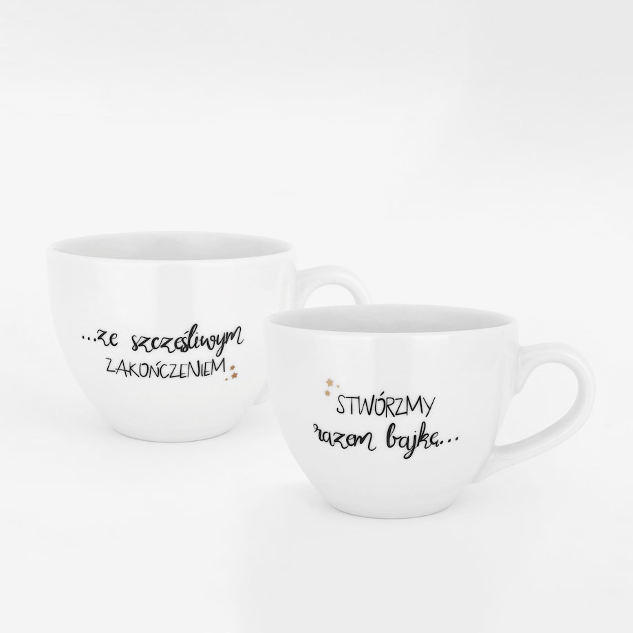 Zestaw 2 białych kubków porcelanowych 500 ml - motyw złotych gwiazdek i napisu stwórzmy razem bajkę ze szczęśliwym zakończeniem dla nowożeńców na ślub
