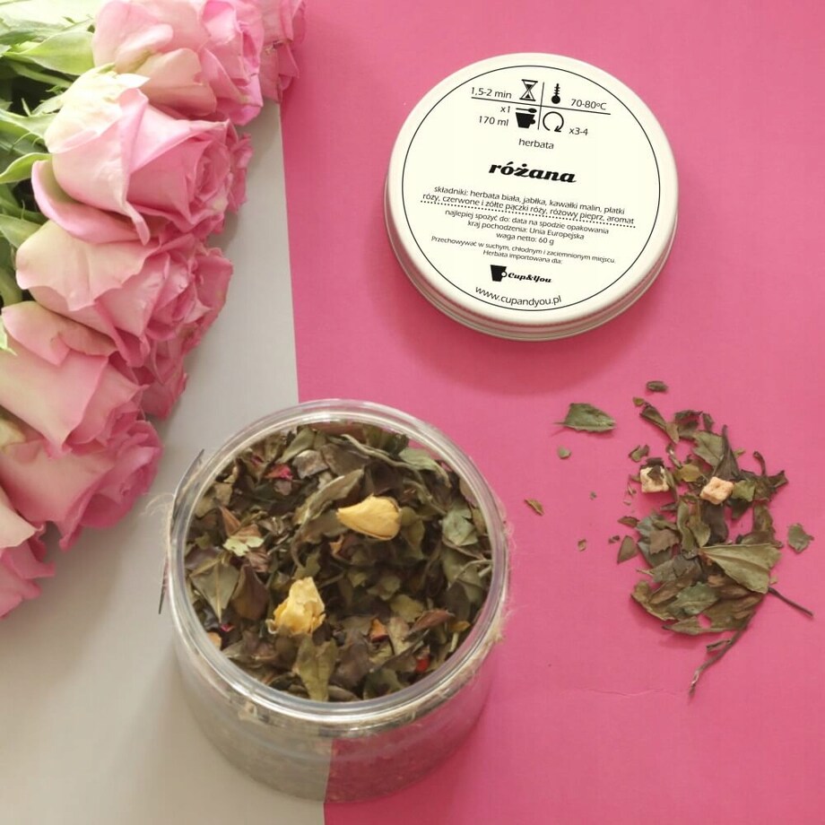 Herbata biała sypana RÓŻANA o smaku różanym z nutą malin PREMIUM Cup&You - herbata liściasta sypana mieszanka napar susz - gotowa na prezent upominek