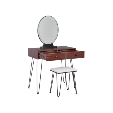 Toaletka 2 szuflady lustro LED ze stołkiem ciemne drewno z czarnym LOIX