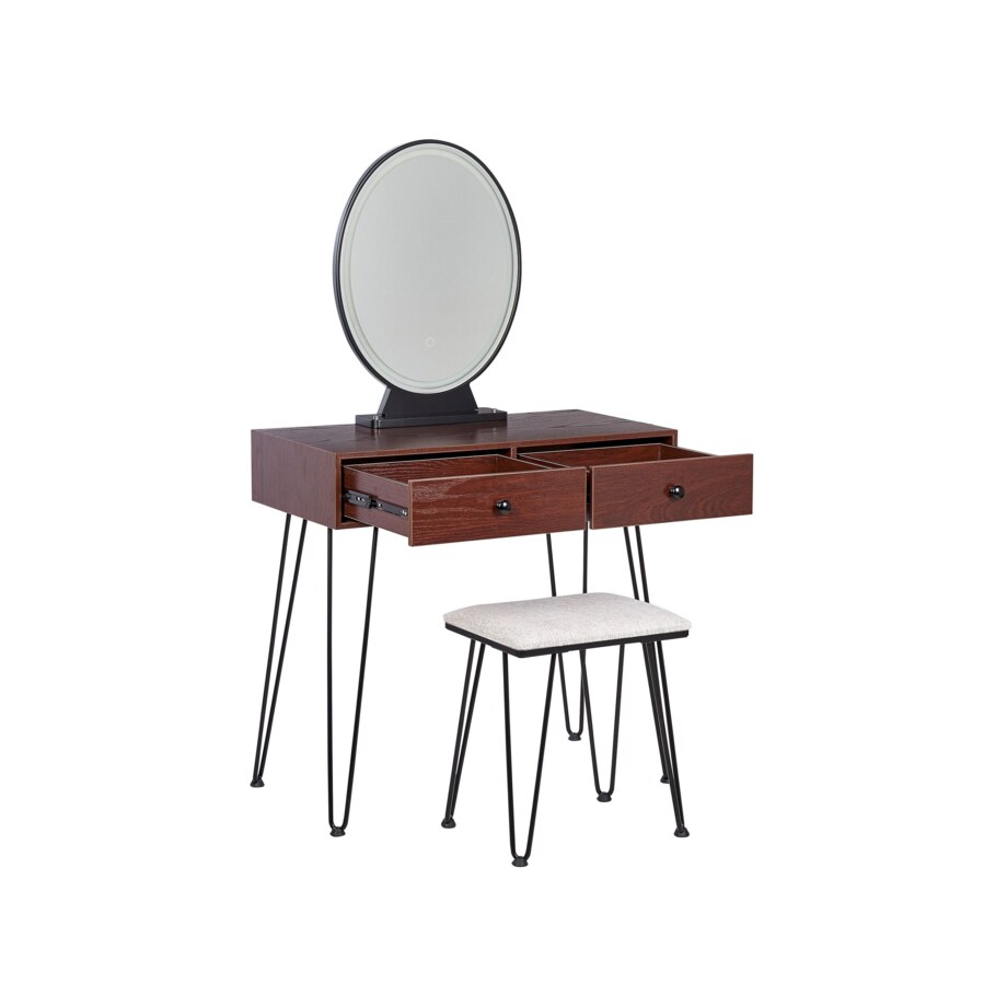 Toaletka 2 szuflady lustro LED ze stołkiem ciemne drewno z czarnym LOIX