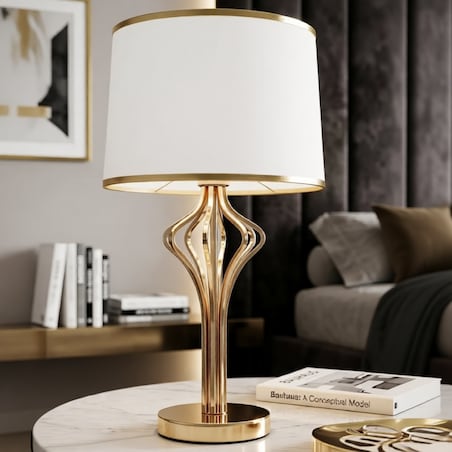 Lampa stołowa Slimmy, kolor biały i złoty, żelazo i tworzywo sztuczne, 28 x 28 x 53 cm, 1 x E27, max. 40 W, do salonu i sypialni, Mauro Ferretti