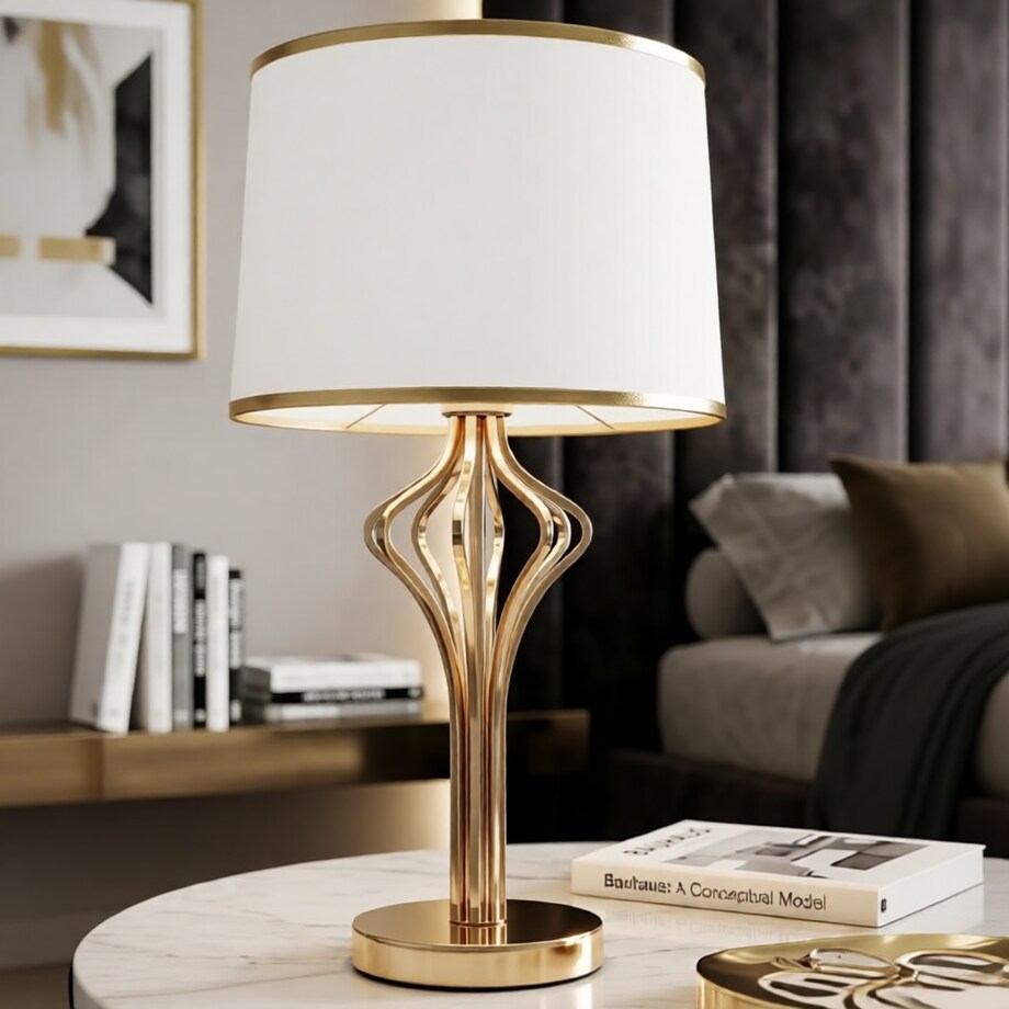 Lampa stołowa Slimmy, kolor biały i złoty, żelazo i tworzywo sztuczne, 28 x 28 x 53 cm, 1 x E27, max. 40 W, do salonu i sypialni, Mauro Ferretti