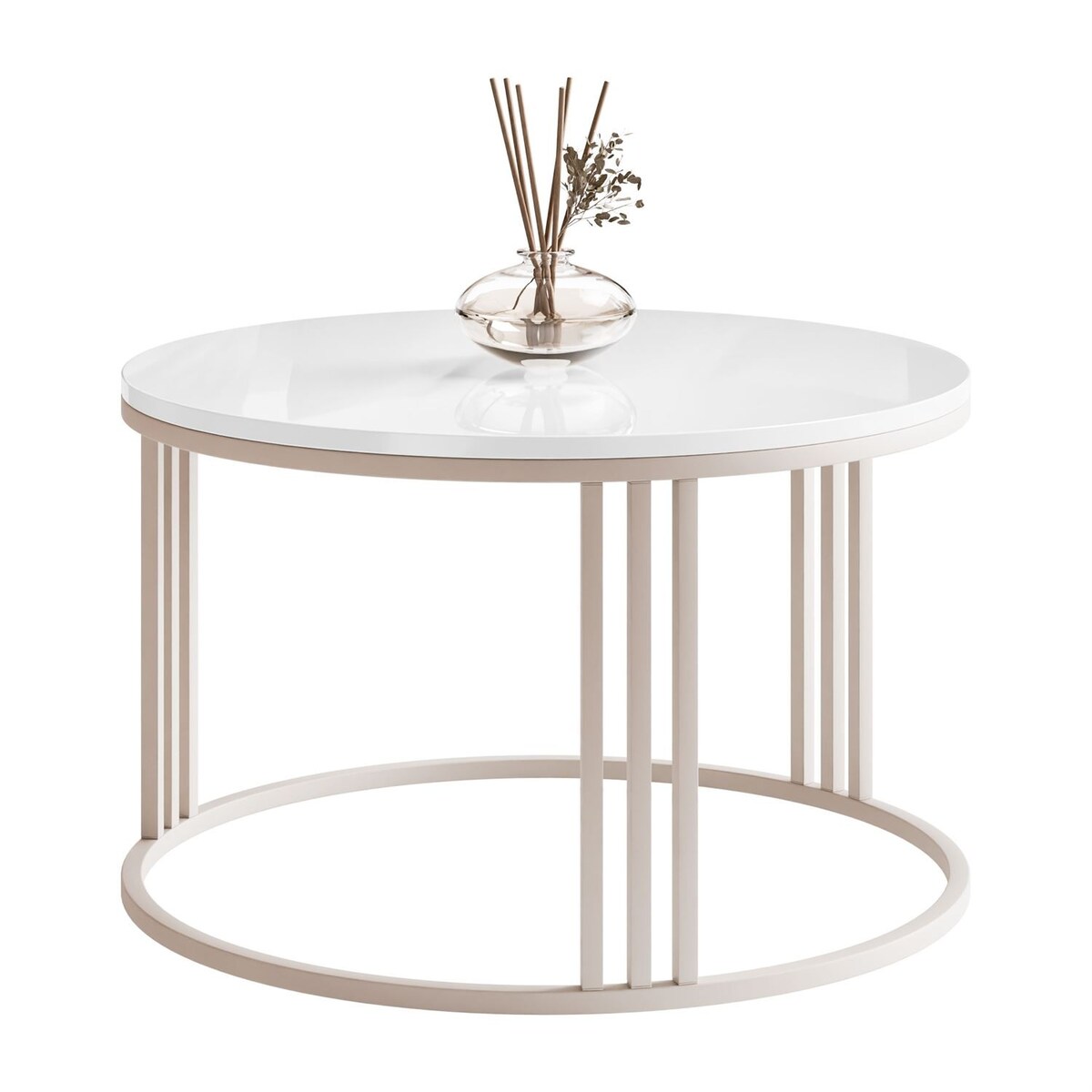 Okrągły stolik kawowy LORI POŁYSK na kaszmirowym stelażu, blat biały połysk