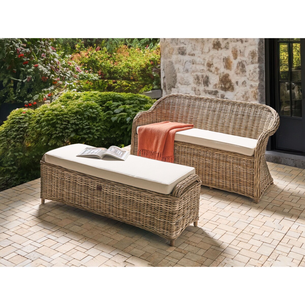 Ławka ogrodowa z poduchą SUSUA 150 cm z otomaną Rattan Naturalny