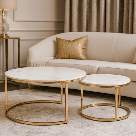 Stolik Kawowy Okrągły Zestaw 2w1 Ława Glamour Marmur Biały Złoty MILANO