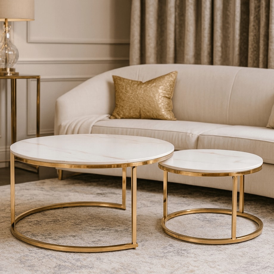 Stolik Kawowy Okrągły Zestaw 2w1 Ława Glamour Marmur Biały Złoty MILANO