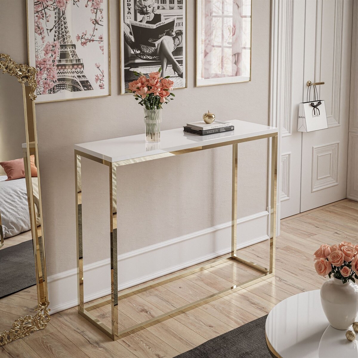 Konsola MODERN ZŁOTY CHROM 100cm, złoty chrom / biały połysk