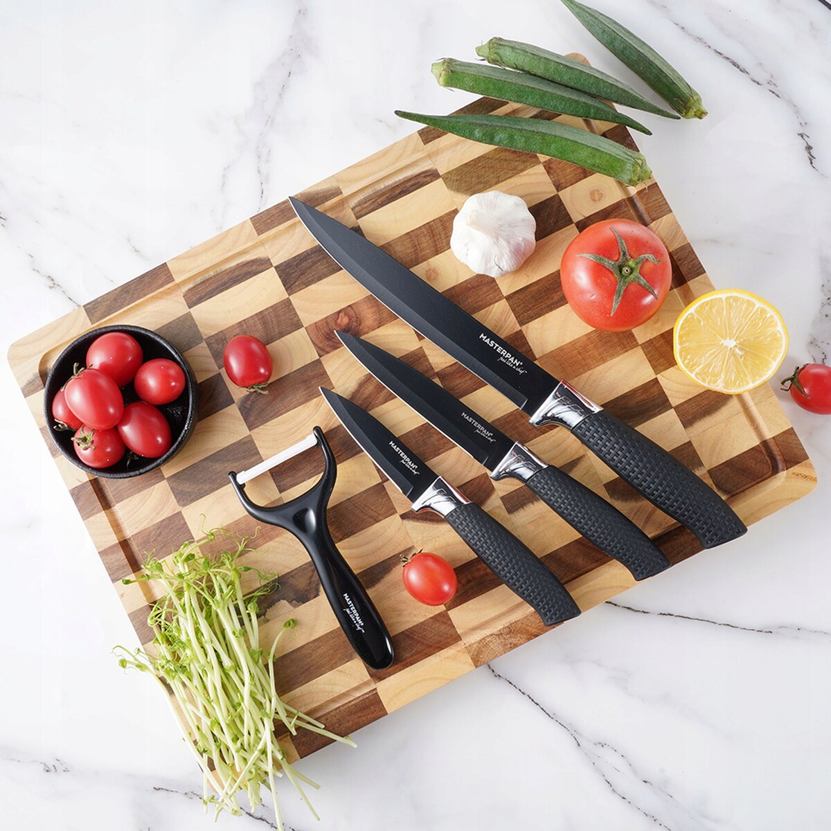 Zestaw Komplet Noży Kuchennych Czarne W Pudełku 4 El. Obieraczka Ostre