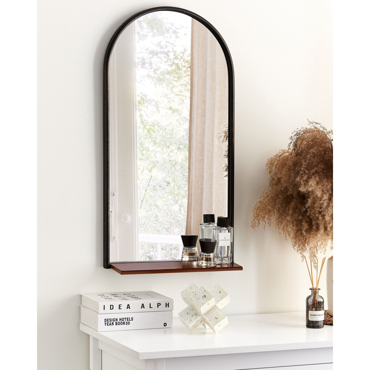 Lustro ścienne z półką 40 x 67 cm czarno-miedziane DOMME