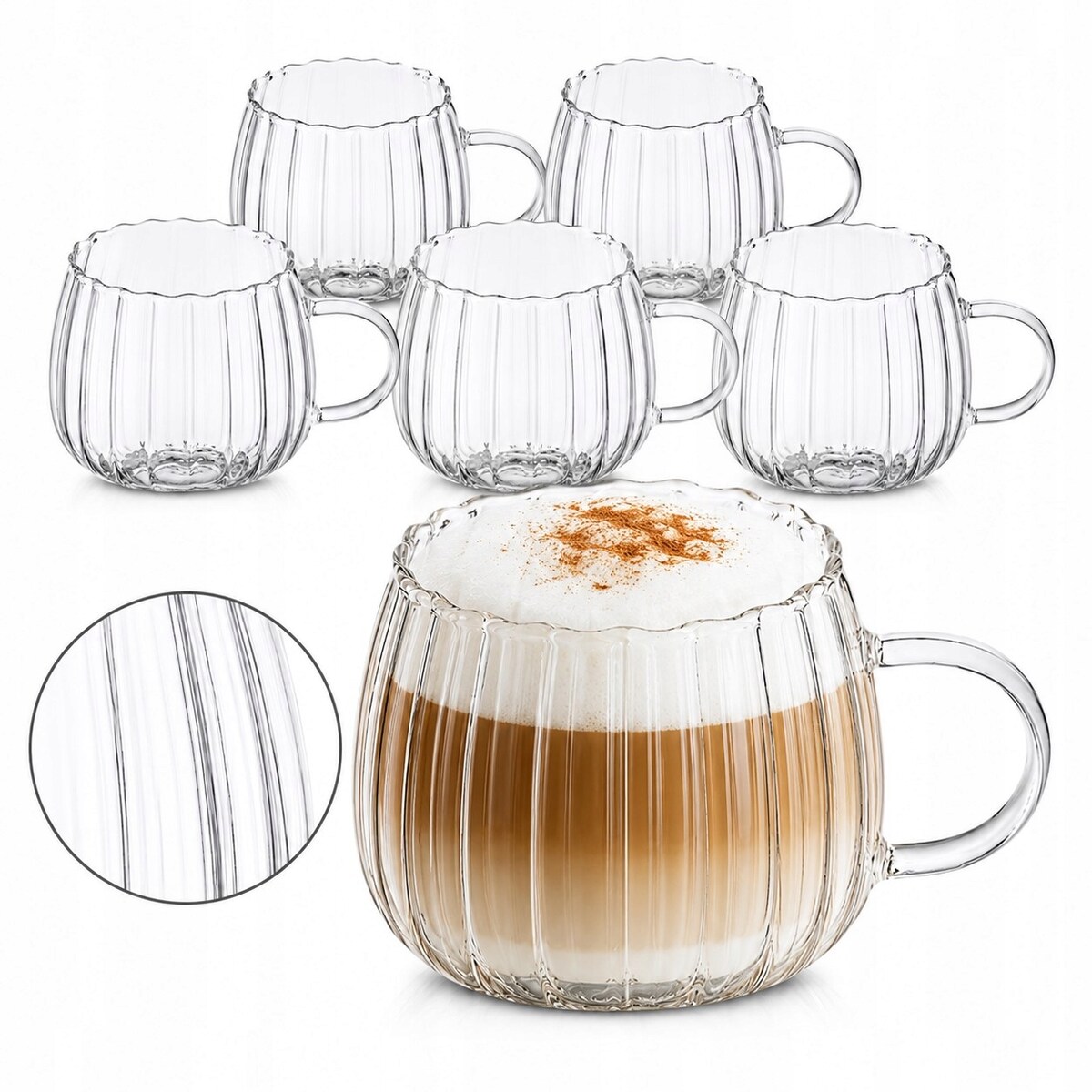 KOMPLET 6szt SZKLANEK z uchem FALA bańka 400 ml na kawę herbatę latte kubek