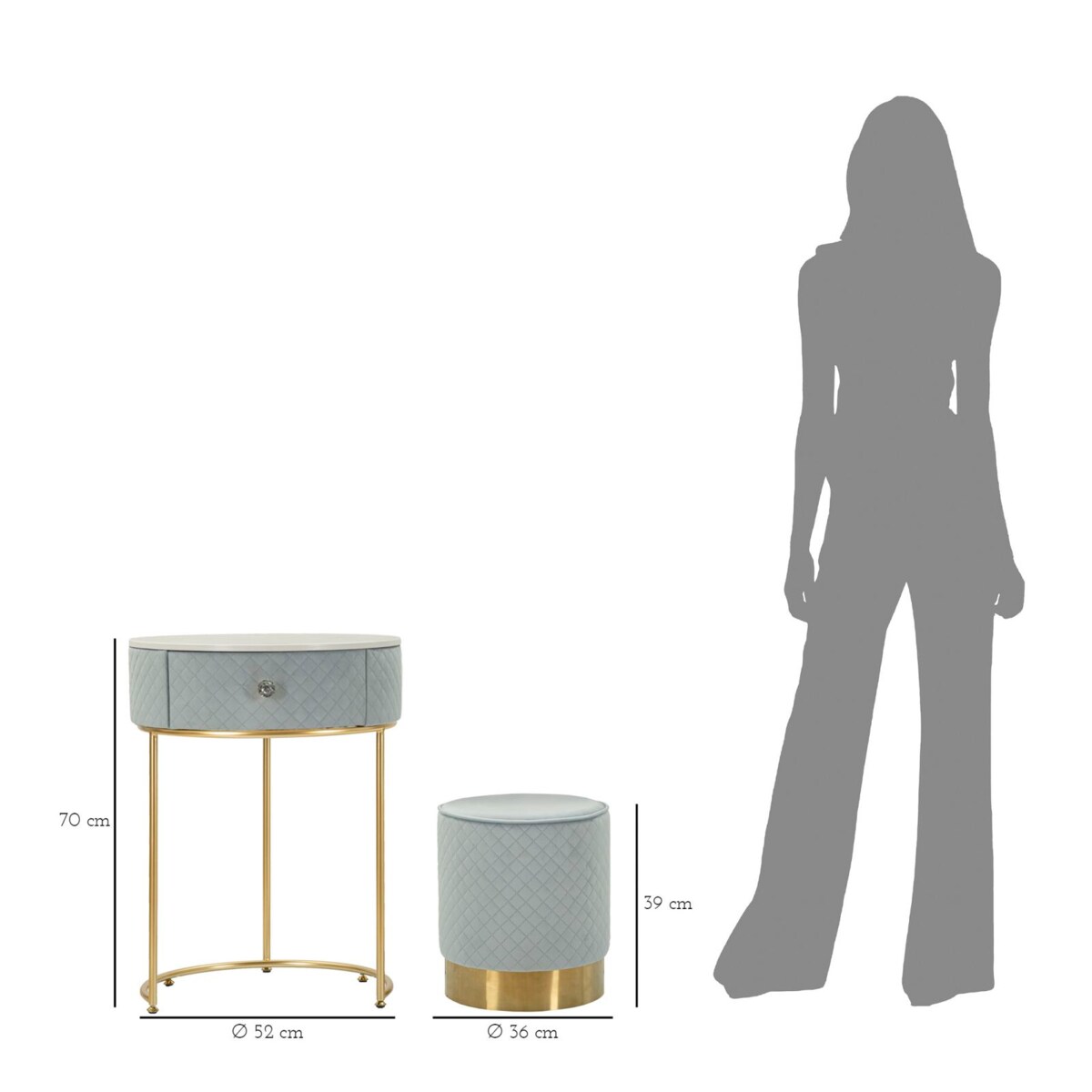 Toaletka z taboretem Nightstand Dressing Vellit, zestaw 2 szt., zestaw do makijażu, styl glamour, Mauro Ferretti