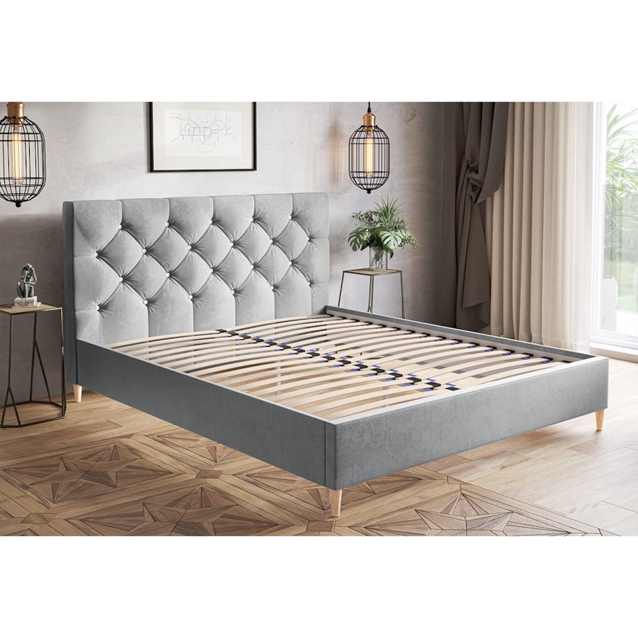 Łóżko tapicerowane 140x200 LUXO 6 pikowane, guziki kryształki - szare
