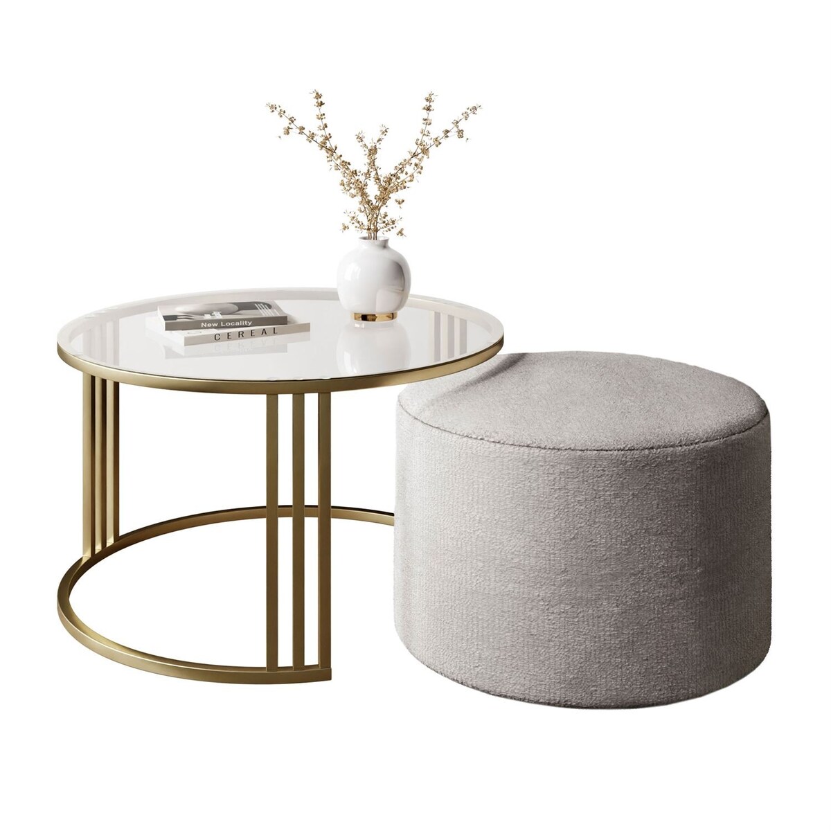 Stolik kawowy z pufą LORI GLASS złoto szczotkowane, przezroczyste szkło / Perfect Harmony 82