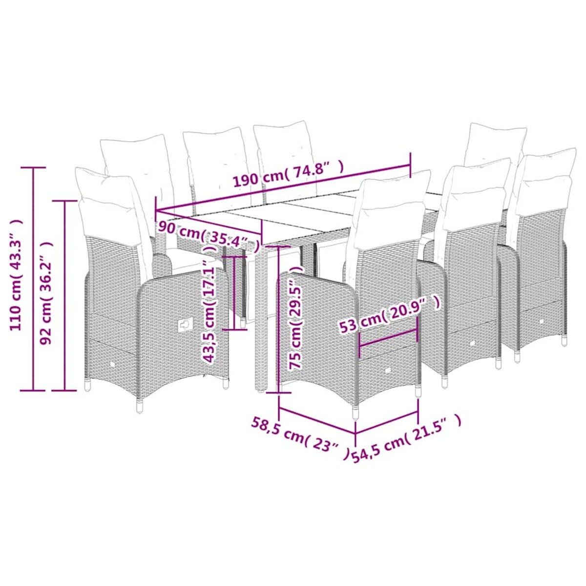 vidaXL 9-cz. zestaw mebli ogrodowych z poduszkami, szary, polirattan