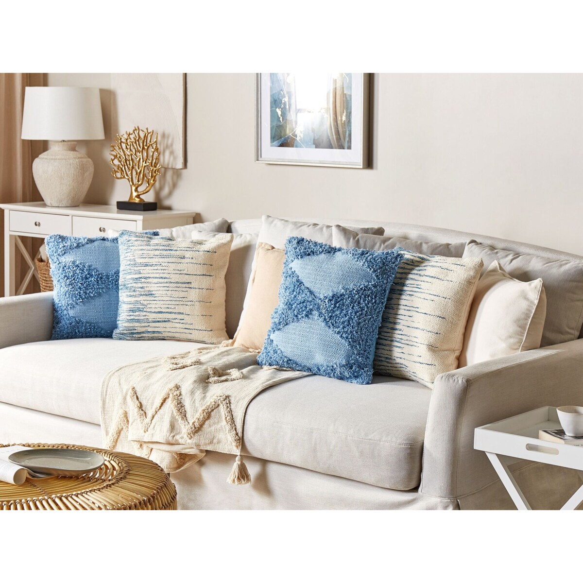 2 bawełniane poduszki dekoracyjne 45 x 45 cm beżowe z niebieskim RIVINA