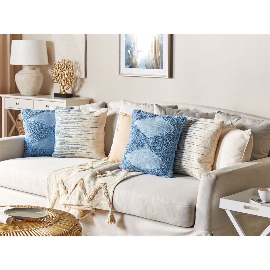 2 bawełniane poduszki dekoracyjne 45 x 45 cm beżowe z niebieskim RIVINA