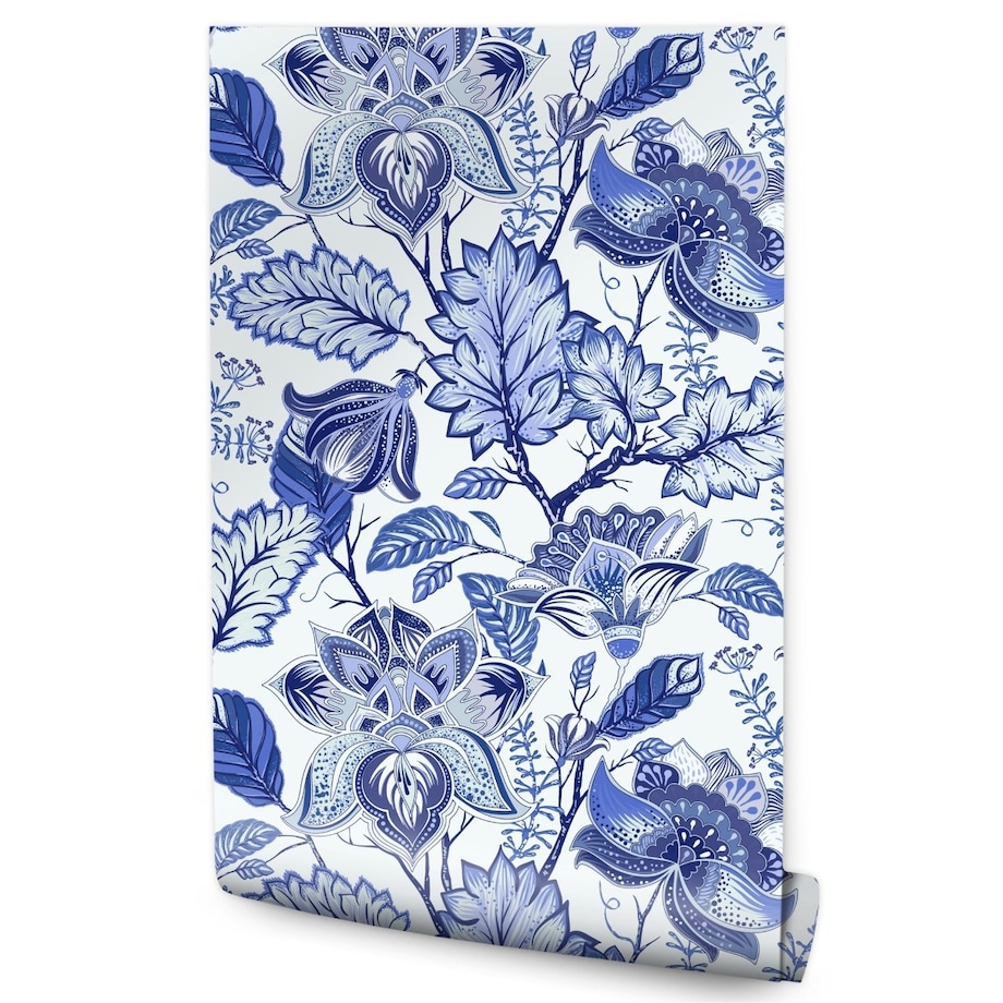 Tapeta niebieskie kwiaty LIŚCIE w stylu folklor