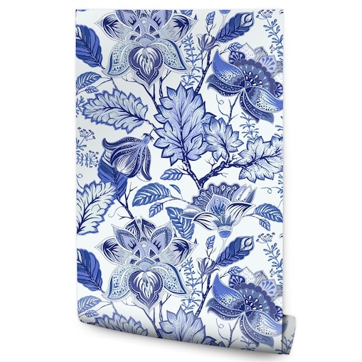 Tapeta niebieskie kwiaty LIŚCIE w stylu folklor