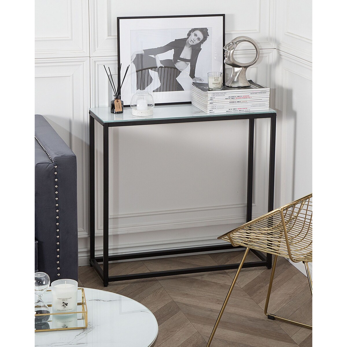 Konsola DELANO Szkło hartowane Marmur/ czarny