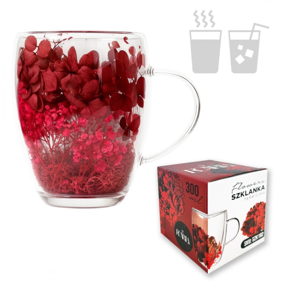 Szklanka termiczna z kwiatami w środku 300ml 1szt, pełna kwiatów burgund, red SZK192